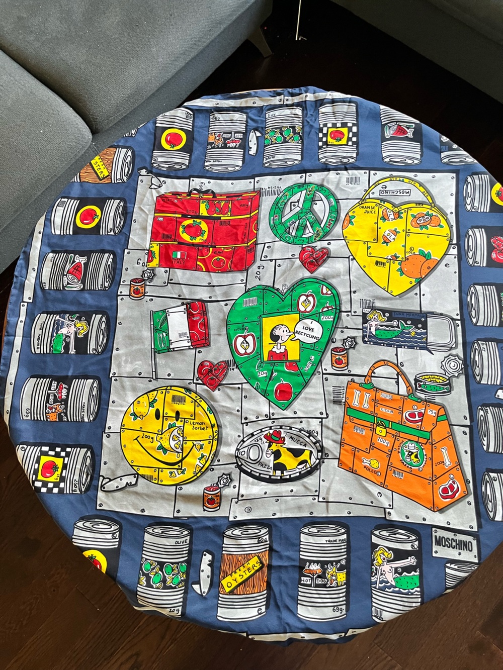 Moschino 100% Silk Scarf, Olive Oyl Recycling Theme, pristine condition